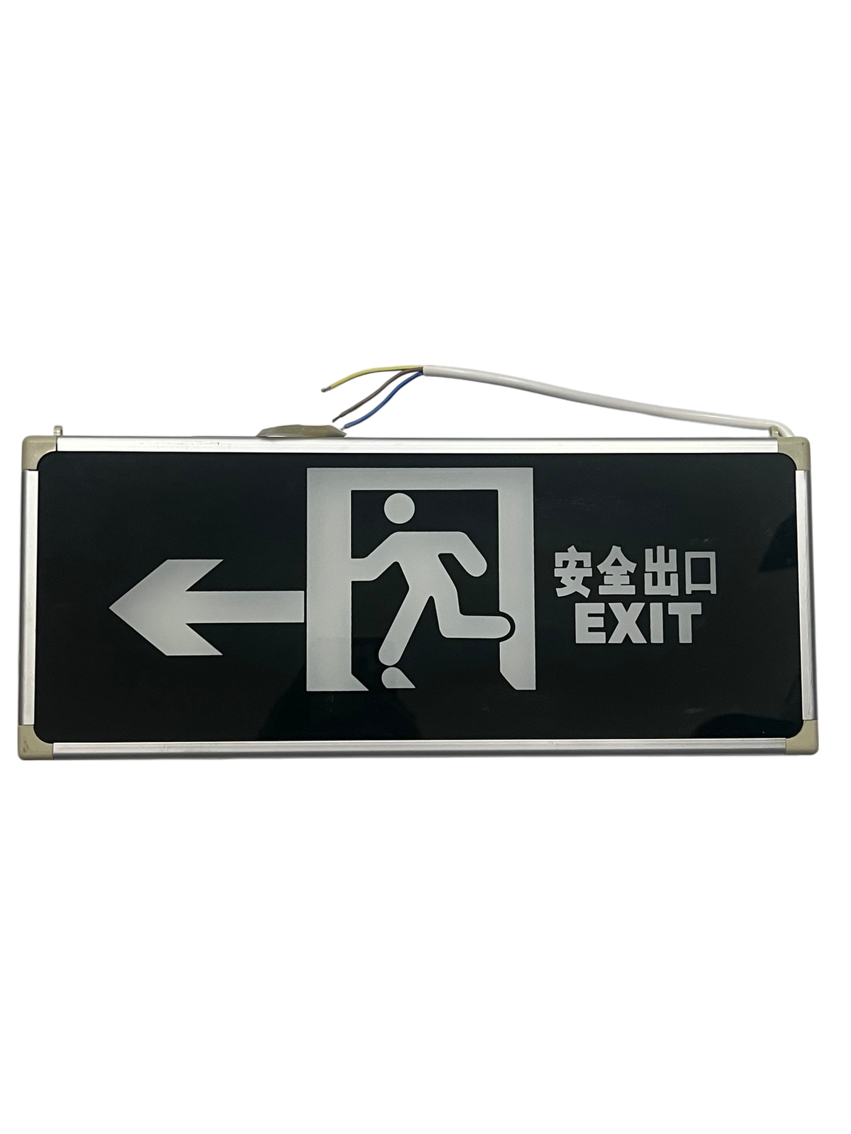 Double face LED exit light 220V with clear exit sign and directional arrow for safety compliance