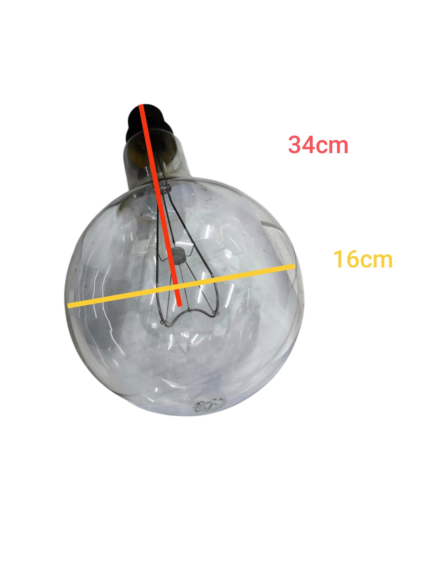Philips E40 base non-lightable incandescent bulb showing 34cm height and 16cm diameter dimensions