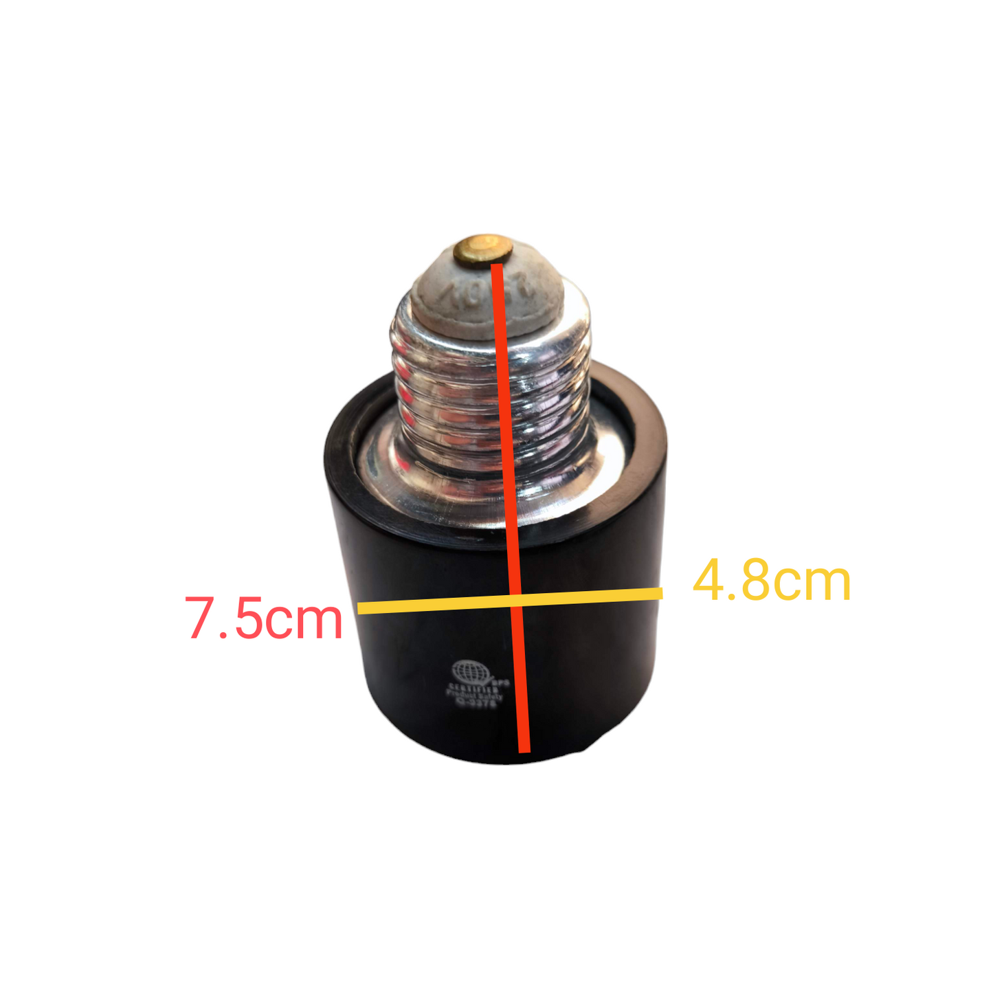 Kopez E40 to E27 socket adapter for lighting installation with measurements on white background