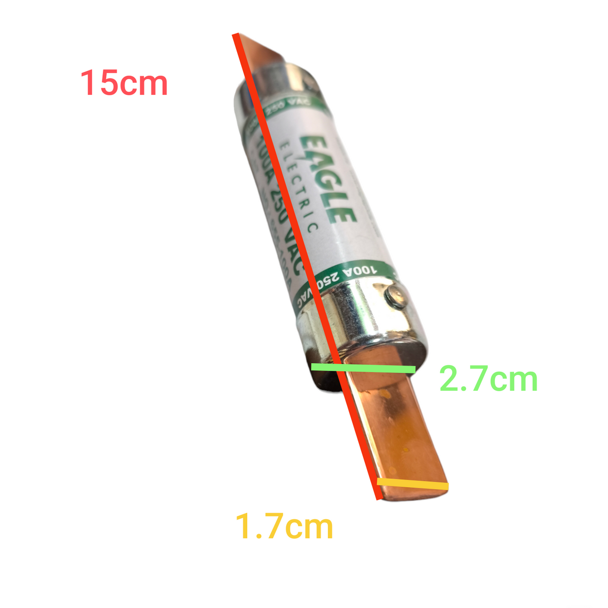Eagle 100A Non- Renewable Fuse electrical component with metal and plastic parts measuring 15cm length
