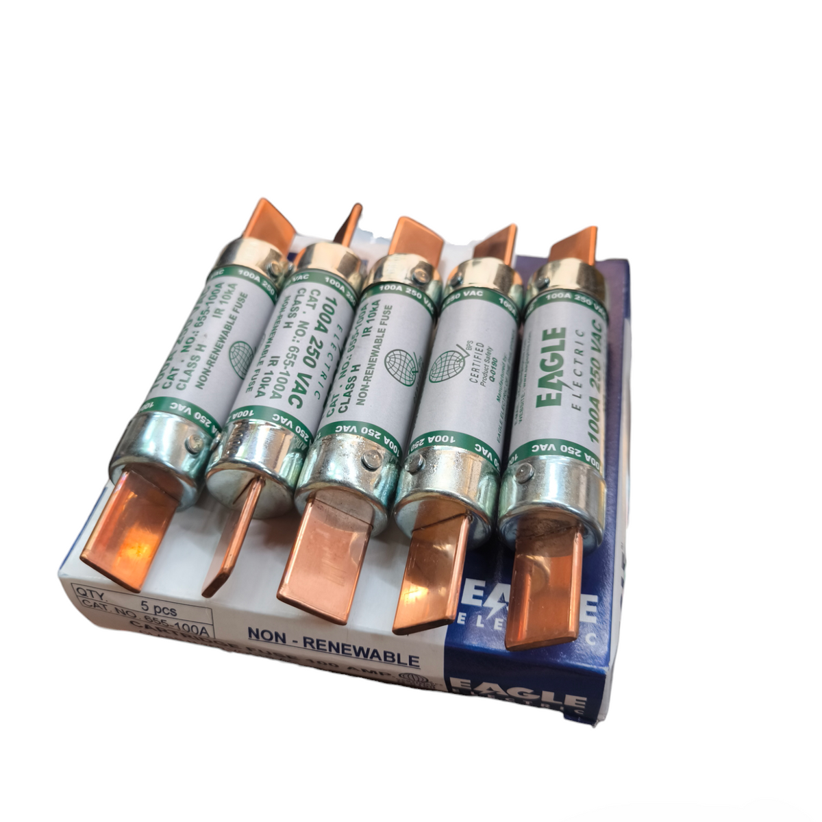 Eagle 100A Non- Renewable Fuse electrical components with copper terminals on display pack