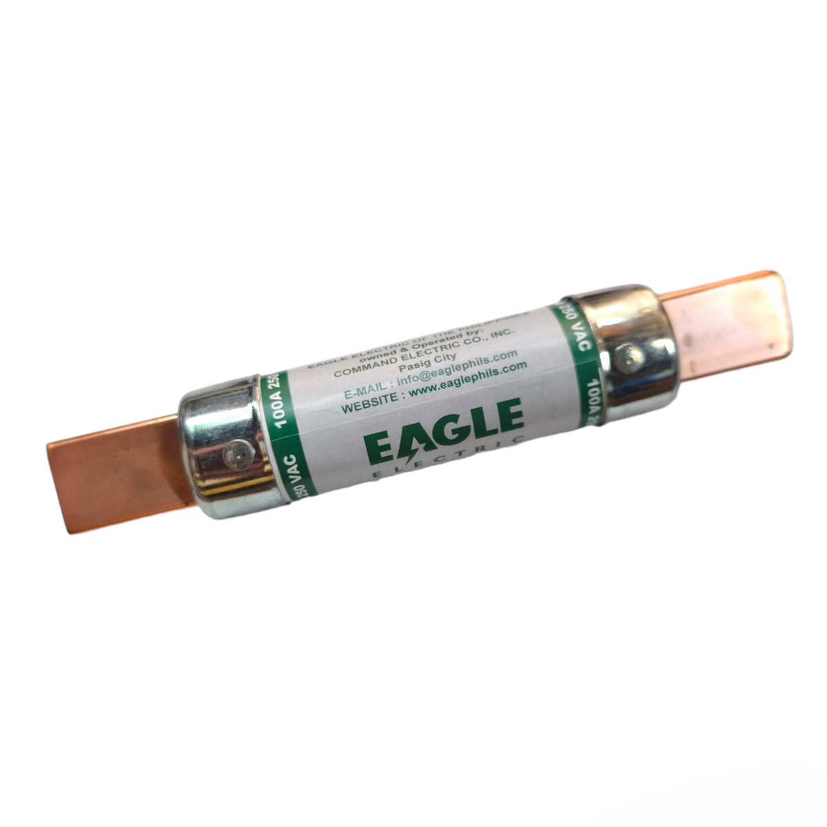 Eagle 100A Non- Renewable Fuse electrical circuitry part with copper ends and labeled body