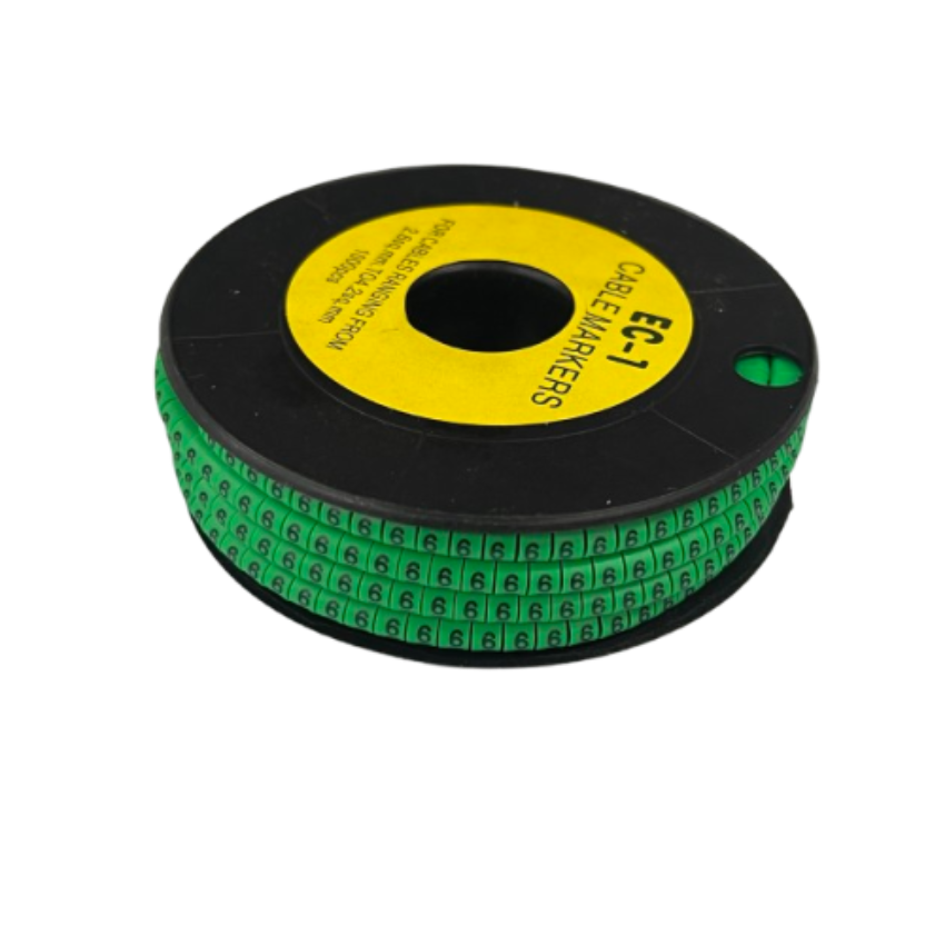 Grippes Cable Marker 6 Green spool on black reel showing repeated 6 cable labels