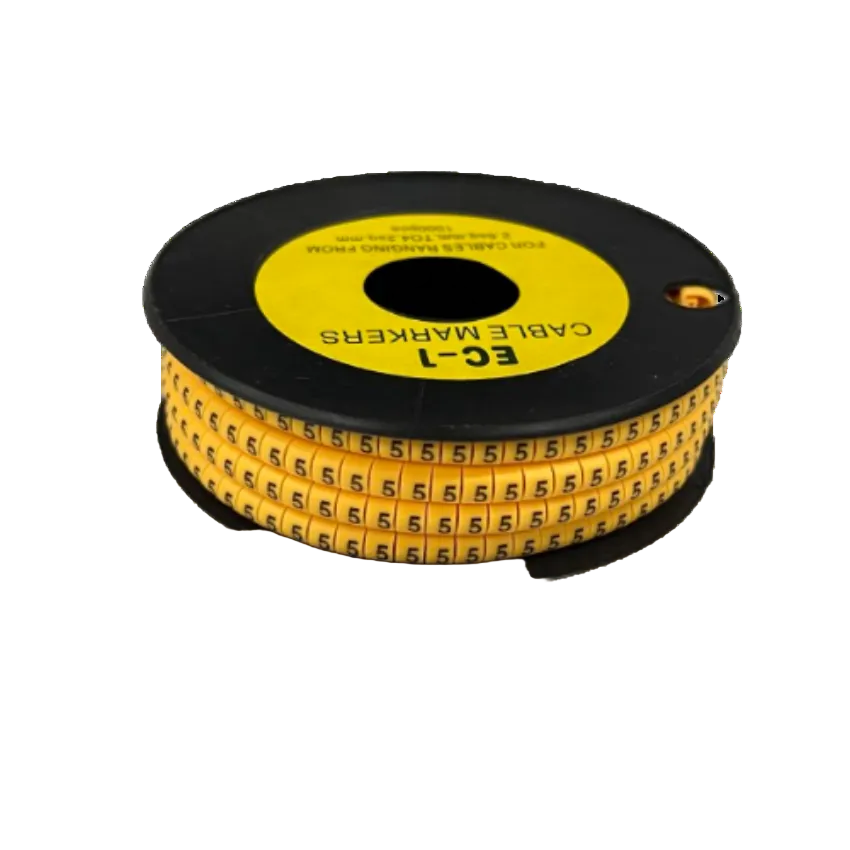 Spool of 5 Cable Marker Yellow adhesive ring labels on black reel for cable management