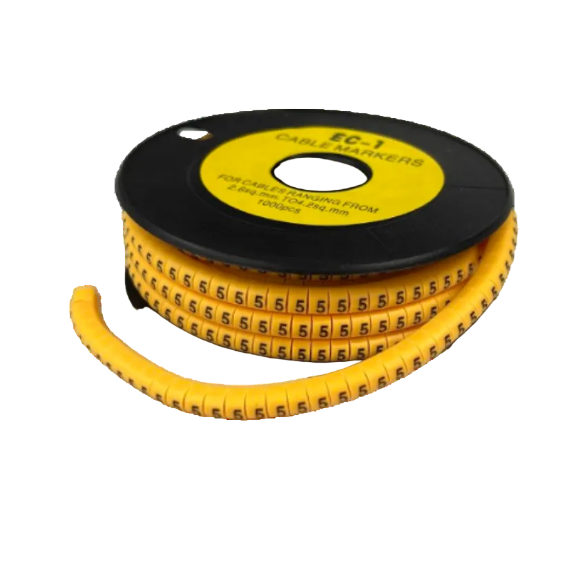 Spool of flexible 5 Cable Marker Yellow strips with repeated number 5 for cable identification and organization