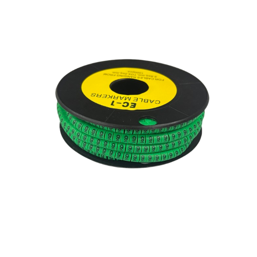 Grippes 9 Marker 2.6mm to 4.2mm Green spool of cable markers with repeated number 9 for cable management