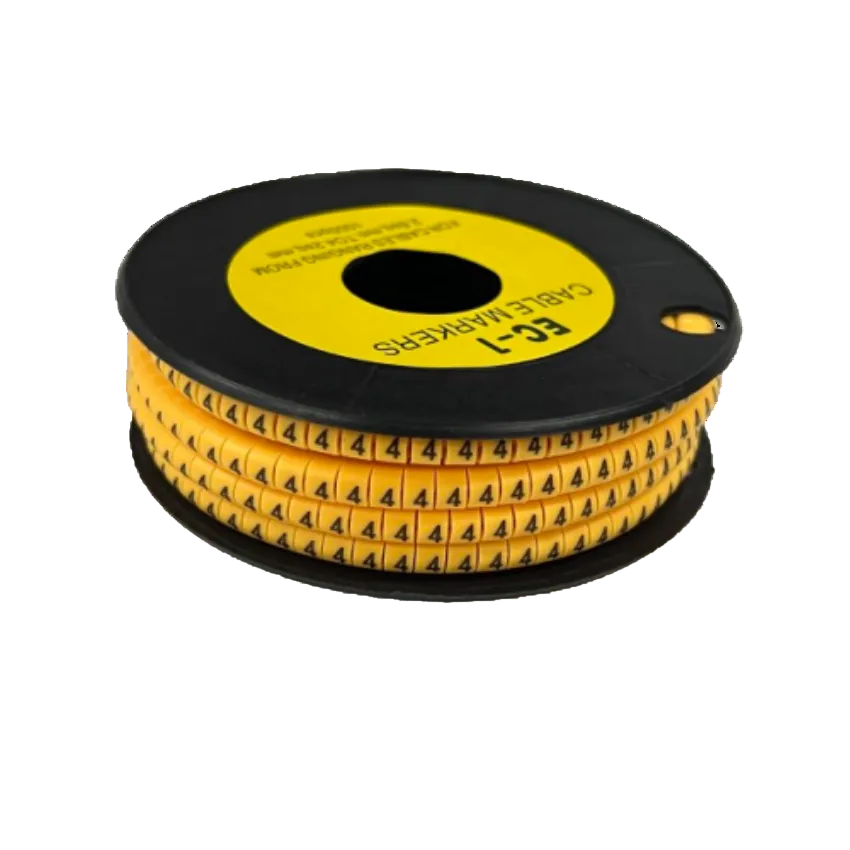 Cable Marker 4 Yellow reel of adhesive number 4 cable markers on black spool for wire labeling