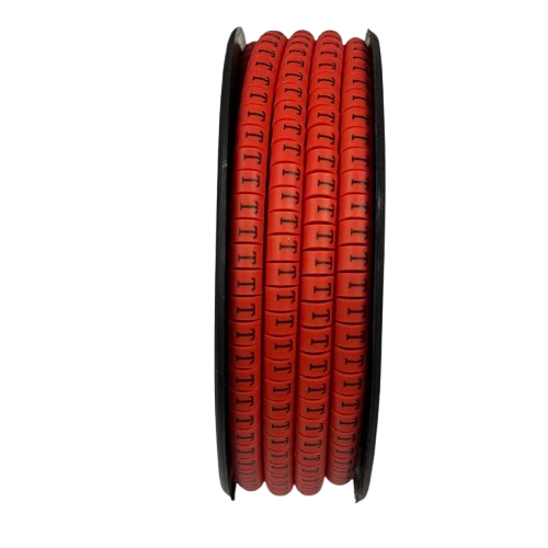 Grippes cable management spool with T Marker Red 2.6mm to 4.2mm 1000pcs cable labels on black background