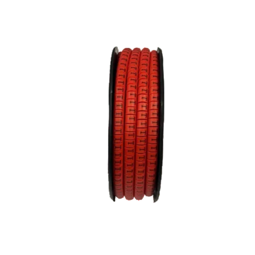 Grippes cable management spool with T Marker Red 2.6mm to 4.2mm 1000pcs cable labels on black background