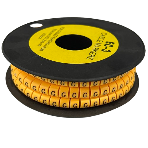 Grippes Cable Marker G - Yellow spool of plastic G letter cable markers on black reel for labeling