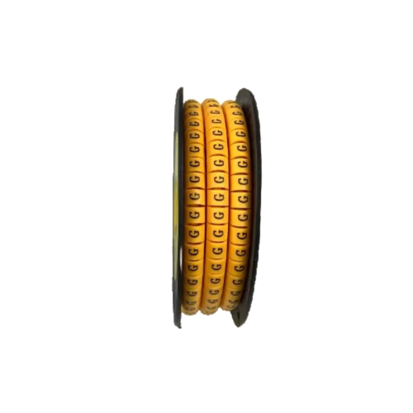 Grippes spool of yellow ring cable markers with repeated G print for wire identification Cable Marker G - Yellow
