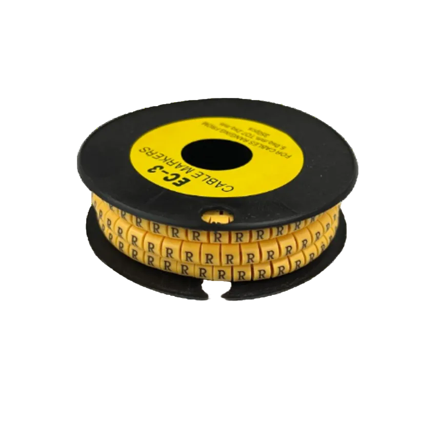 Grippes Cable Marker R - Yellow spool of yellow R letter cable markers on black reel for wire labeling