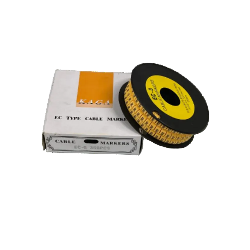Grippes Cable Marker R - Yellow spool showing repeating R cable markers on black reel for cable management