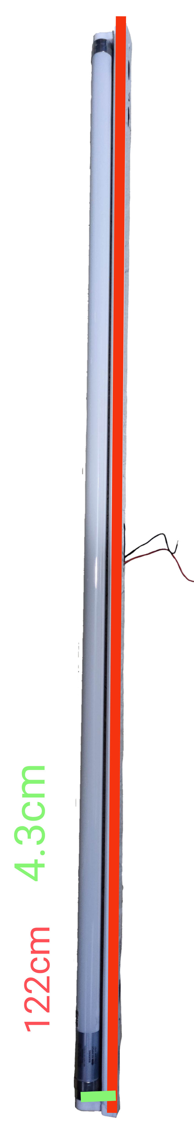 Ecolum 18W LED fluorescent tube with fixture measuring 122cm length and 4.3cm diameter