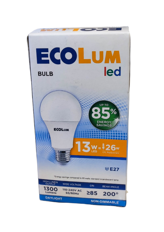 Ecolum 13W LED bulb E27 in packaging showing energy savings and daylight output
