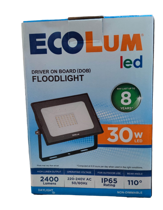 Ecolum 30W LED flood light daylight packaged for outdoor use with high lumen output and IP65 rating