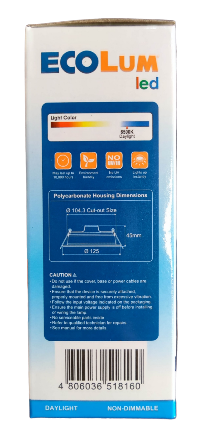 Ecolum packaging for 6500K LED ceiling light 220V daylight non dimmable box with specs diagram