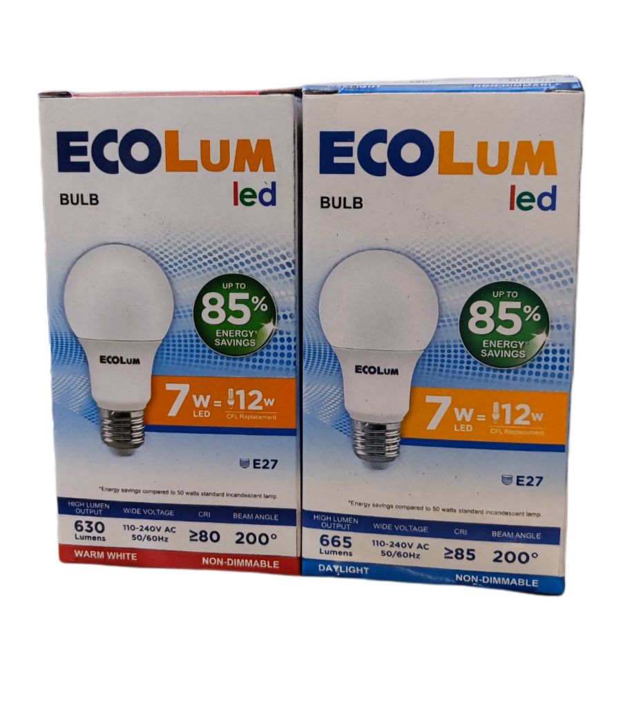 Ecolum 7W LED Bulb E27 220V Warm White with up to 85 percent energy savings in packaging