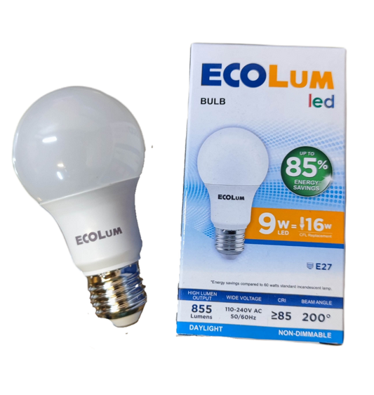 Ecolum 9W LED bulb daylight E27 with energy saving and bright daylight output next to its packaging box
