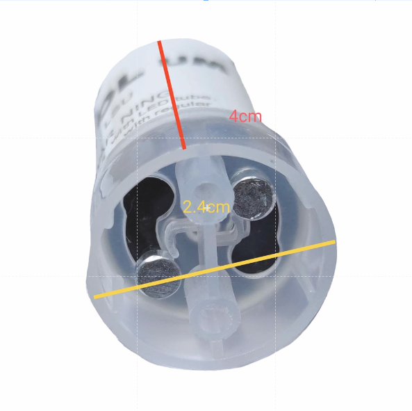 Ecolum fluorescent to LED conversion kit adapter close up showing two metal pins and plastic socket housing