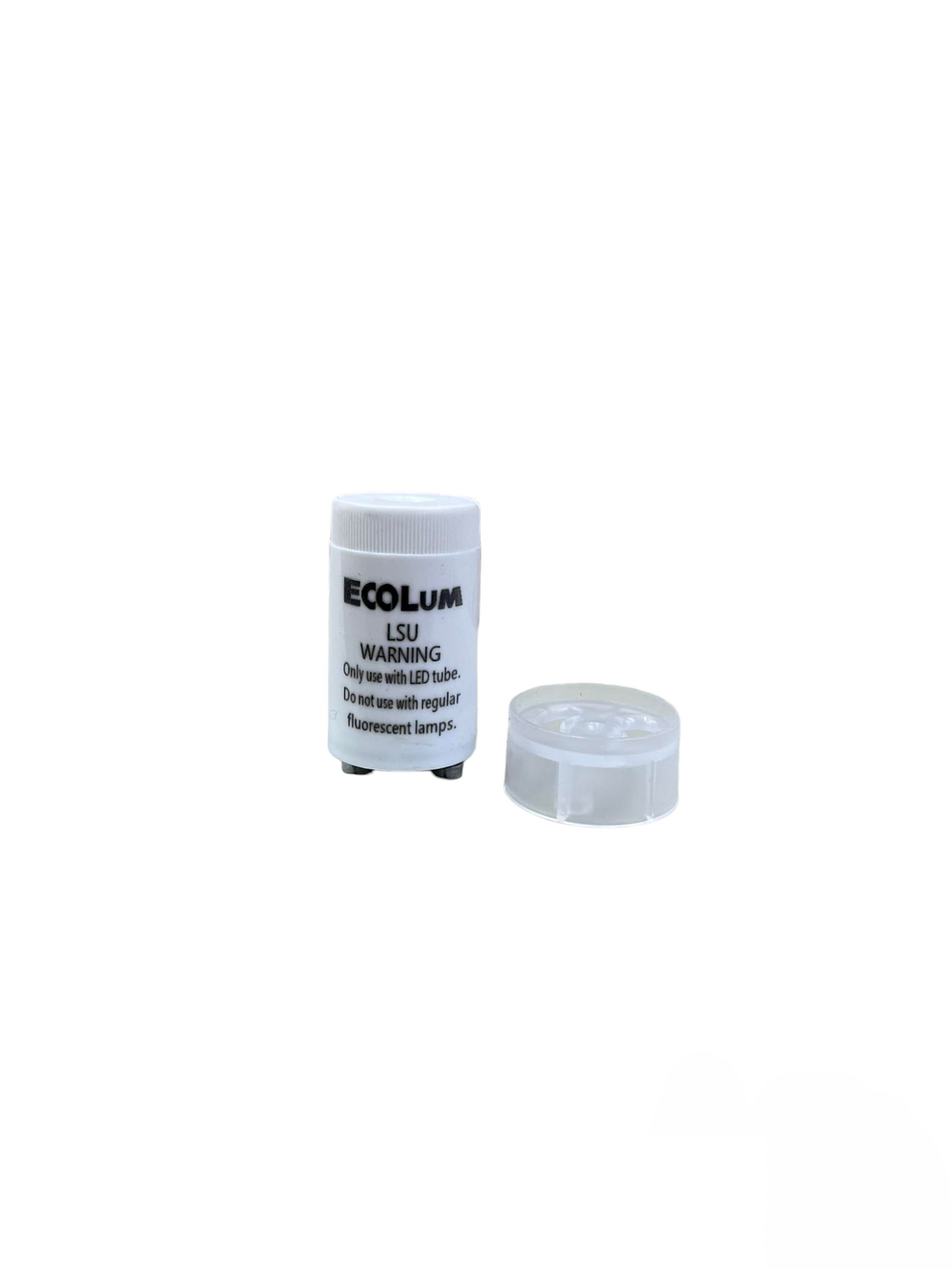 Ecolum fluorescent to LED conversion kit white plastic starter caps showing brand and warning text