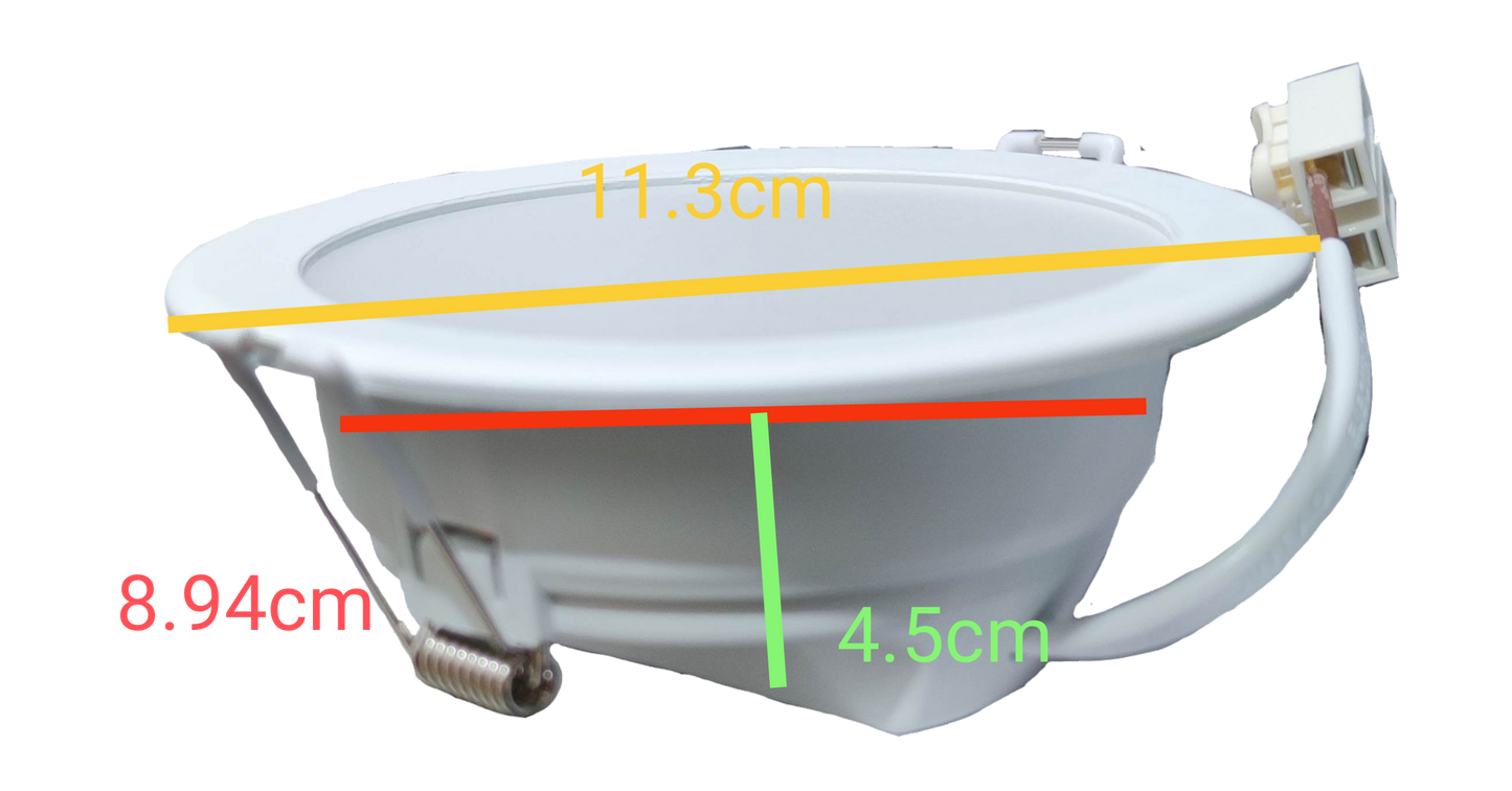 Ecolum tri color LED downlight 7W 220V with dimensions of 11.3cm diameter and 8.94cm height