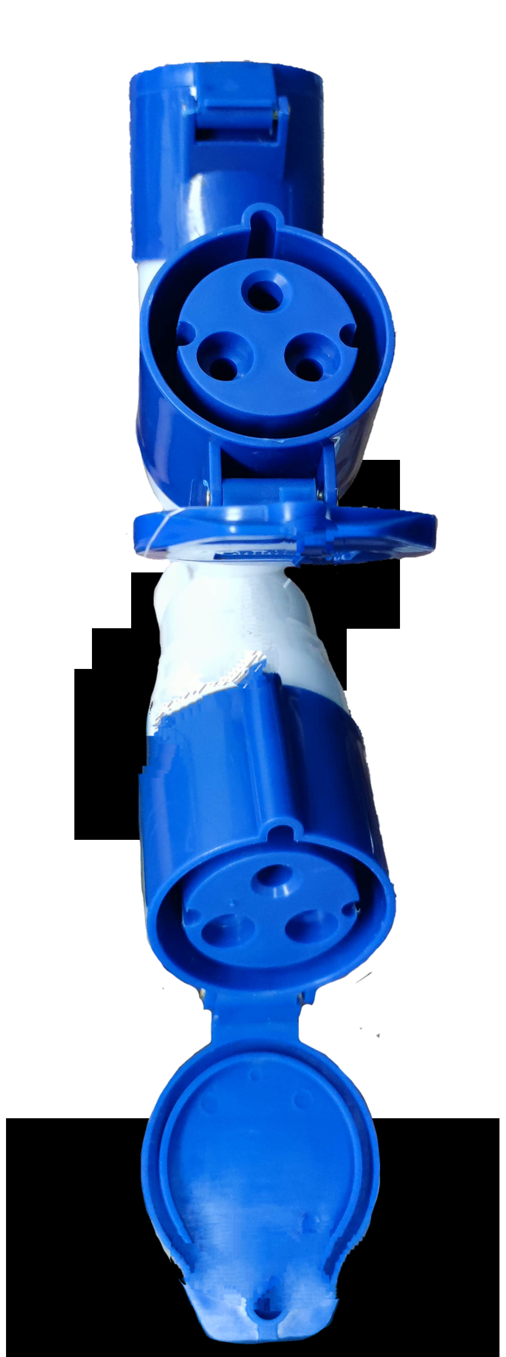 Grippes blue 3 pin 220V industrial plug adapter with hinged protective caps showing male and female connectors