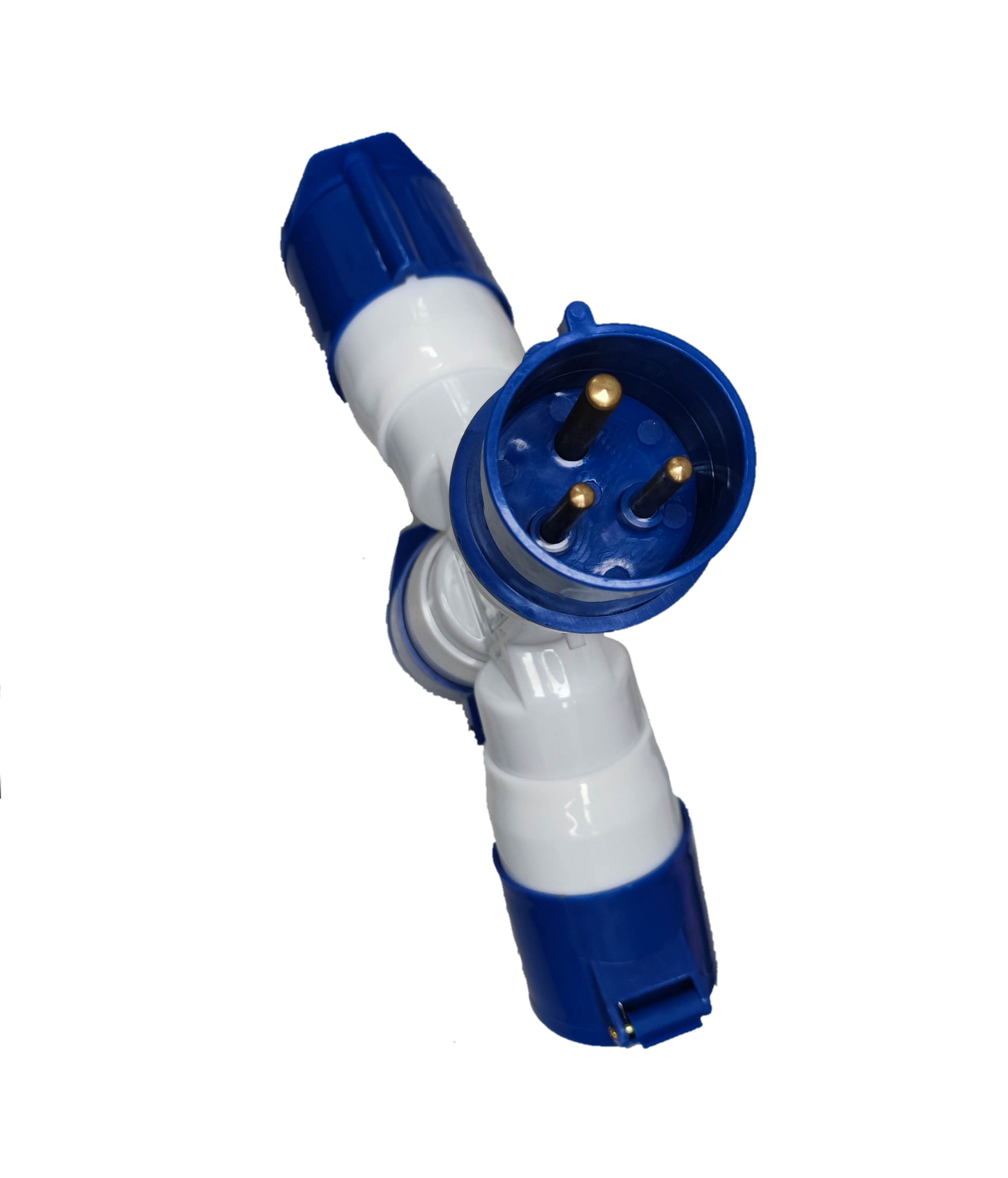 Grippes blue and white 3 pin 220V industrial plug adapter with angled male pins for heavy duty connections