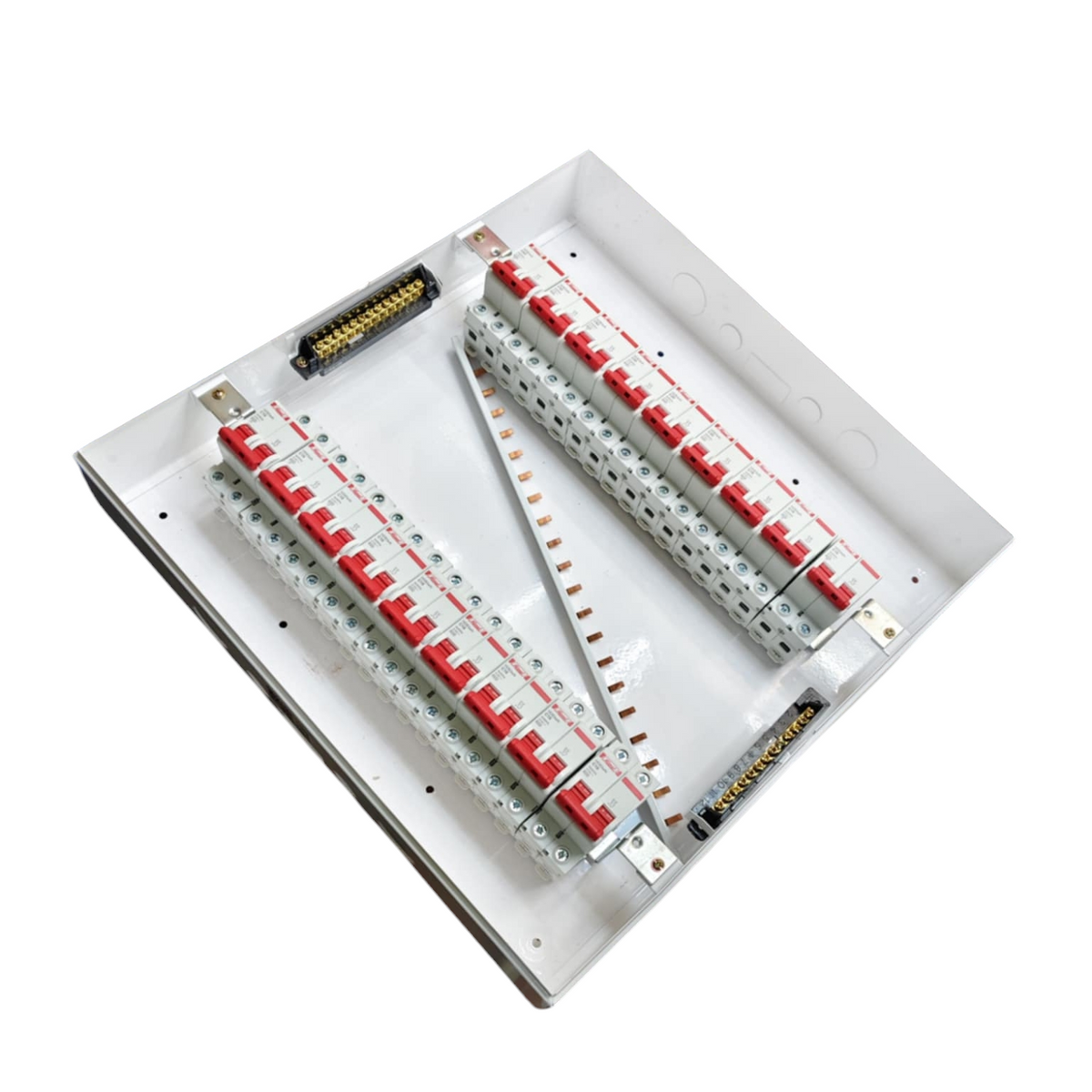 Koten Himel ZY 63A 2 pole panel board white metal enclosure with dual rows of red breakers and terminal strips