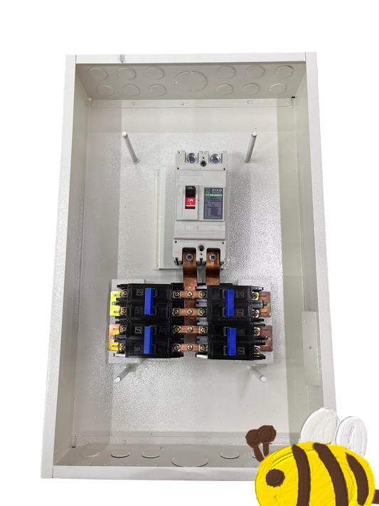 Koten electrical enclosure showing 250A 2P Main with 4 Branches Bolt on and four branch breakers mounted