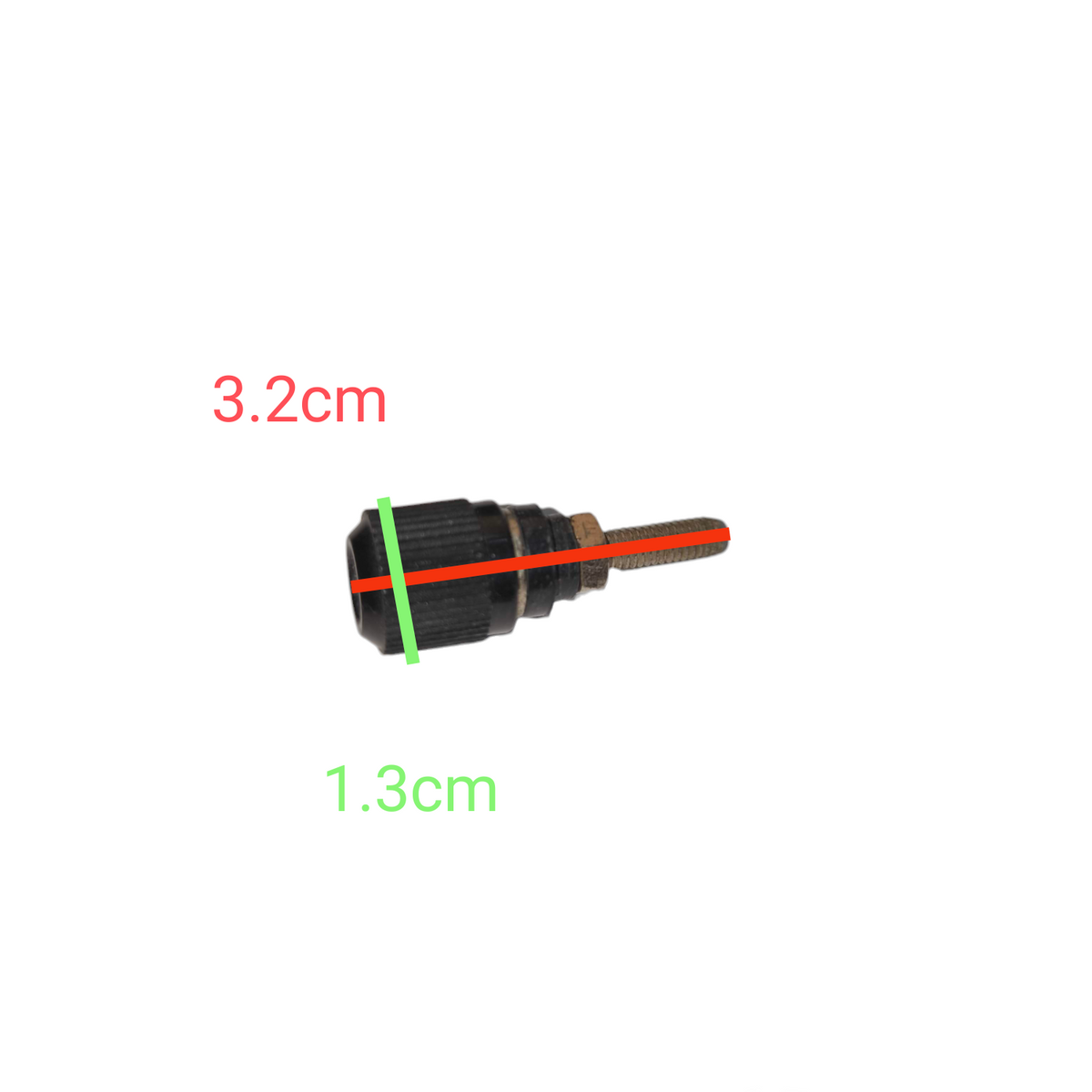 Black electrical binding post for school projects with dimensions 3.2 cm by 1.3 cm