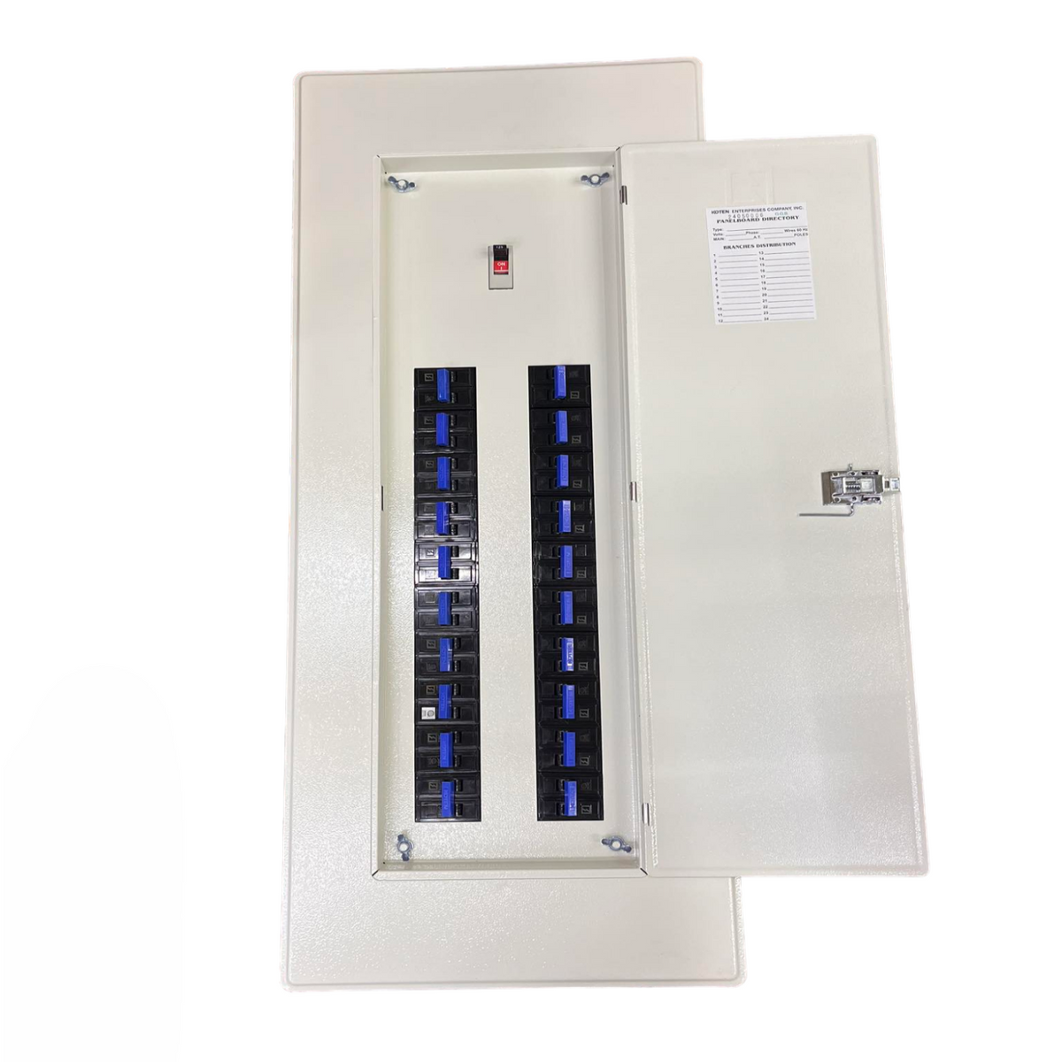 Koten 200A Panel Board 20 Branches 2P Bolt on metal electrical panel with open door and breakers