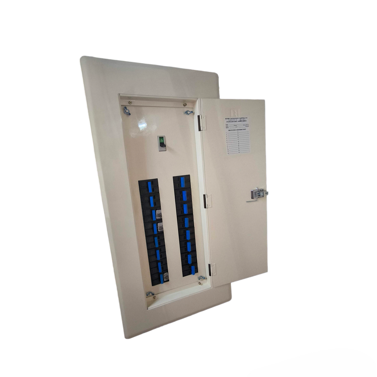 Koten Panel Board 225A 2Pole 250SPS white metal distribution panel with open door and blue circuit slots