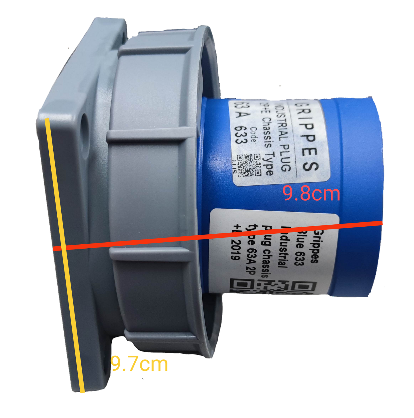 Grippes Industrial Plug with Electx Electrical Supply Label, measuring 9.8cm by 9.7cm