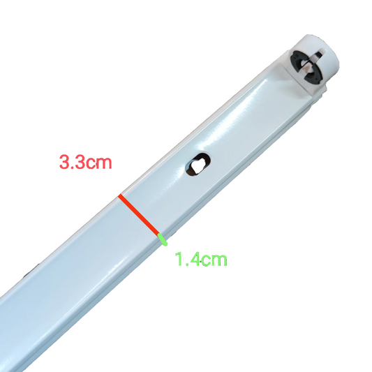 Close-up of industrial LED lighting fixture electx electrical supply with dimensions 3.3cm and 1.4cm marking
