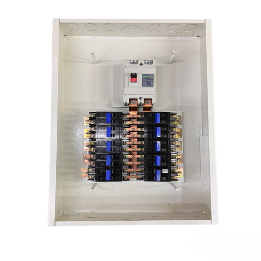 Koten Panel Board 10 Branches with 225a Main metal enclosure showing copper busbars and 10 branch breakers