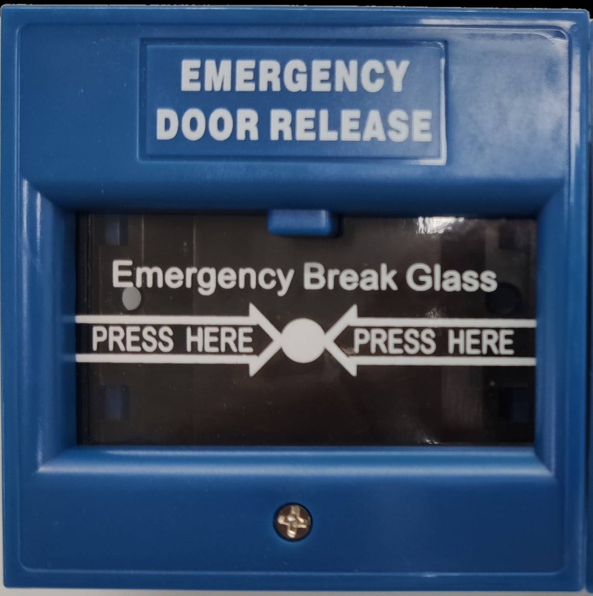 ZwitseRise blue Break Glass Fire Alarm Switch for emergency door release with press here instructions