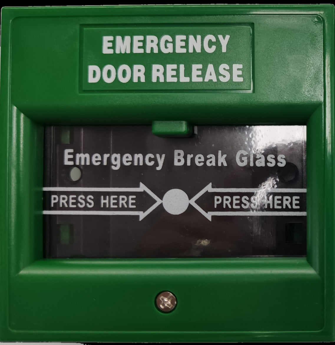 ZwitseRise Break Glass Fire Alarm Switch in green emergency door release casing