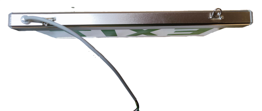 Denko EXIT Sign Acrylic Green 220V side view showing metal frame hanging eyelet and power cable on black background