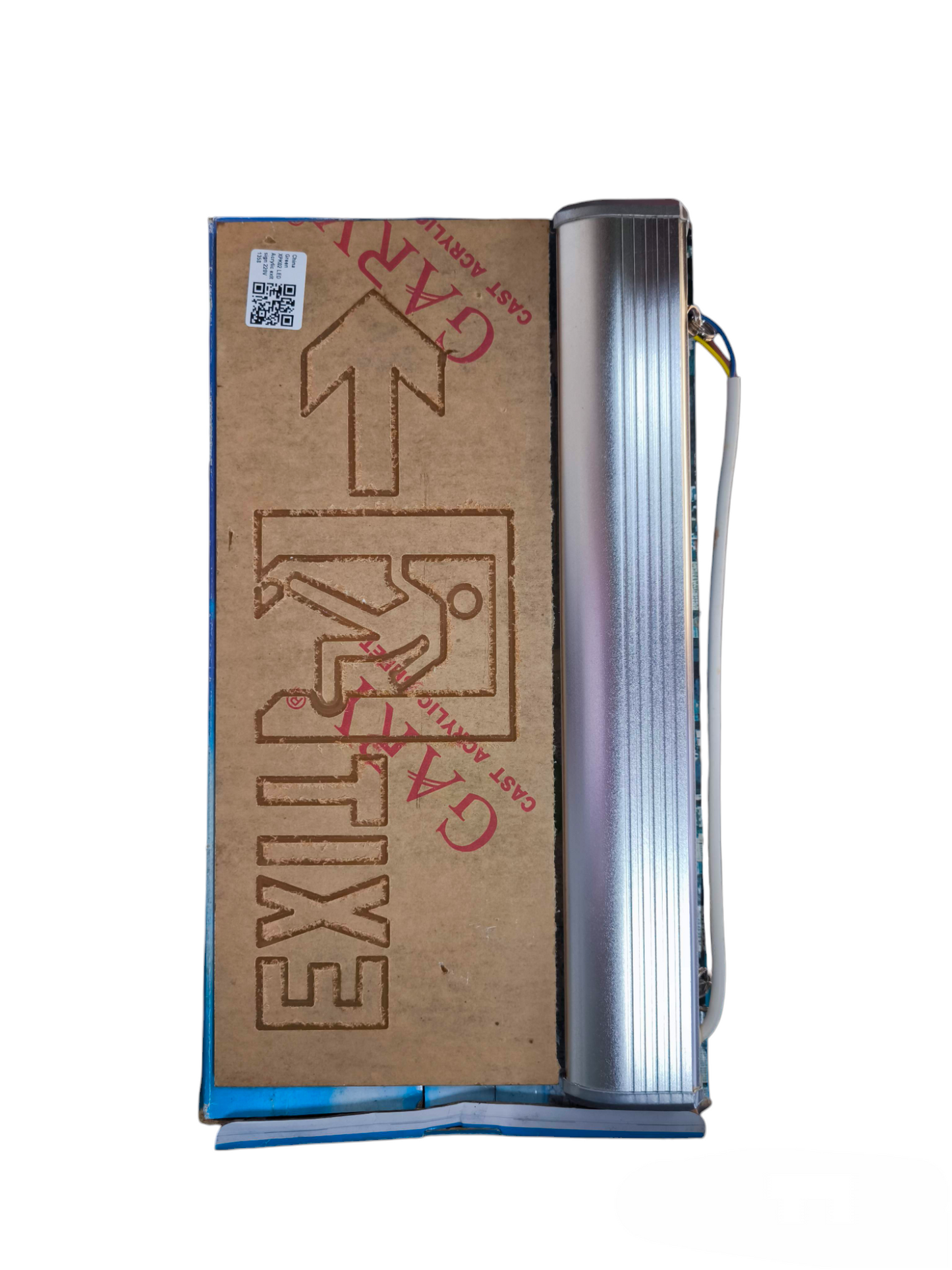Denko EXIT Sign Acrylic Green 220V replacement kit showing aluminum driver housing and packaged acrylic panel