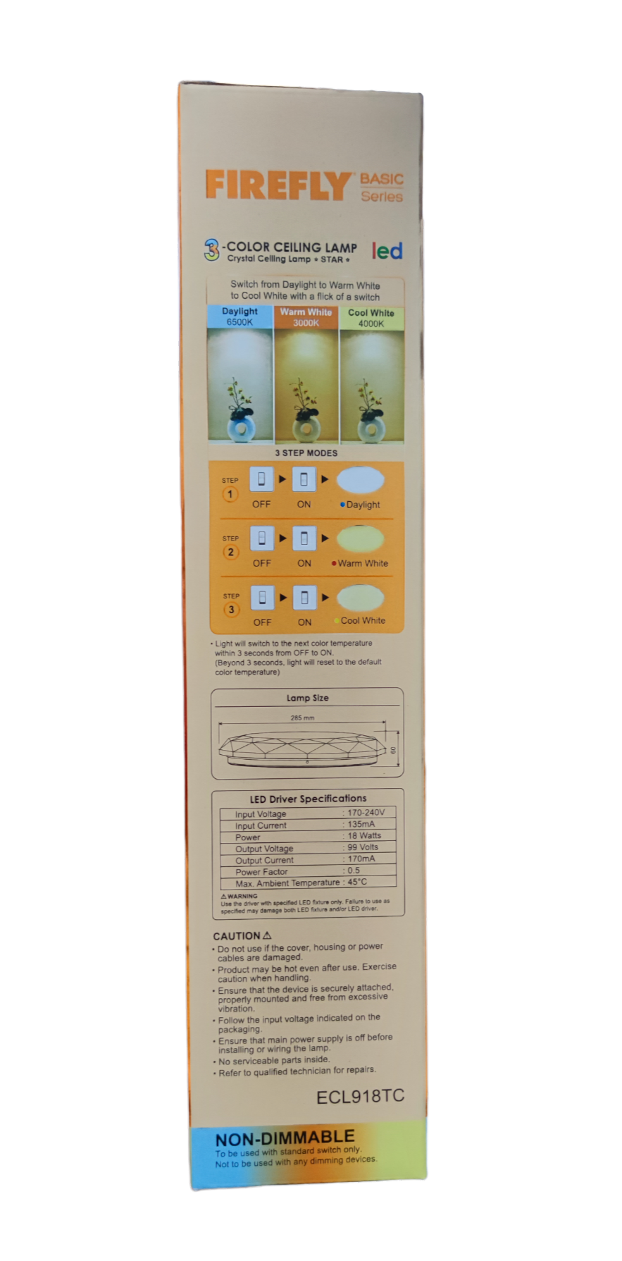 Firefly 18W LED Ceiling Lamp 220V Tri-Color, 18W Tri Color LED Ceiling Lamp ECL918TC