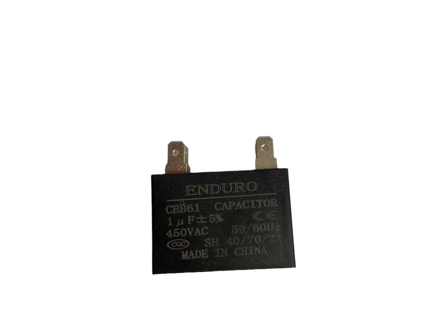 Fan capacitor 450V Square Type for electrical applications with a 1uF rating and CE certification