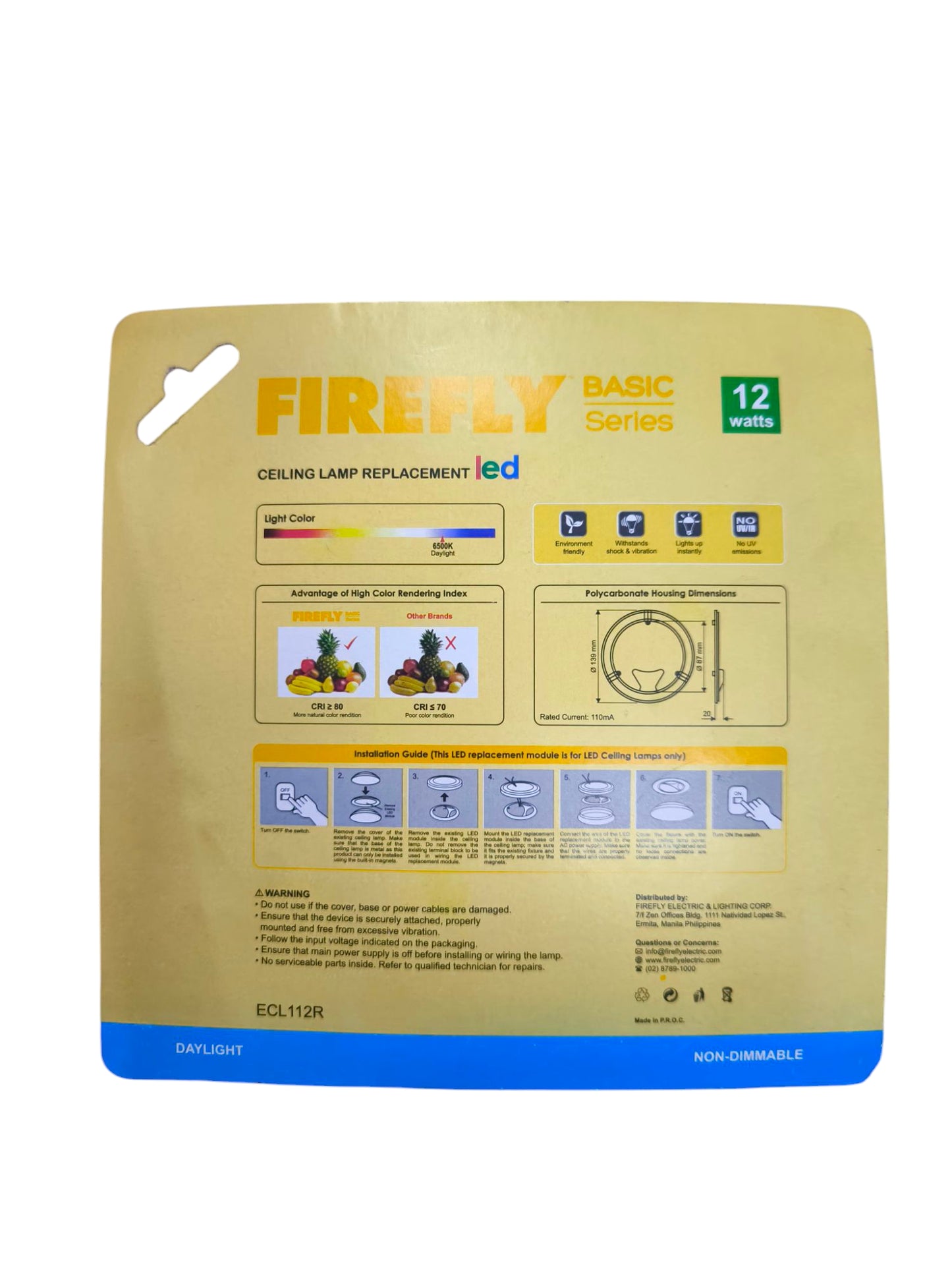 Firefly 12W LED ceiling lamp packaging showing installation instructions and product details