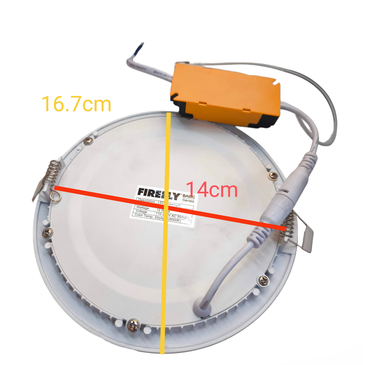 Firefly 12W LED Downlight 220V Daylight ceiling light with wiring and measurements shown