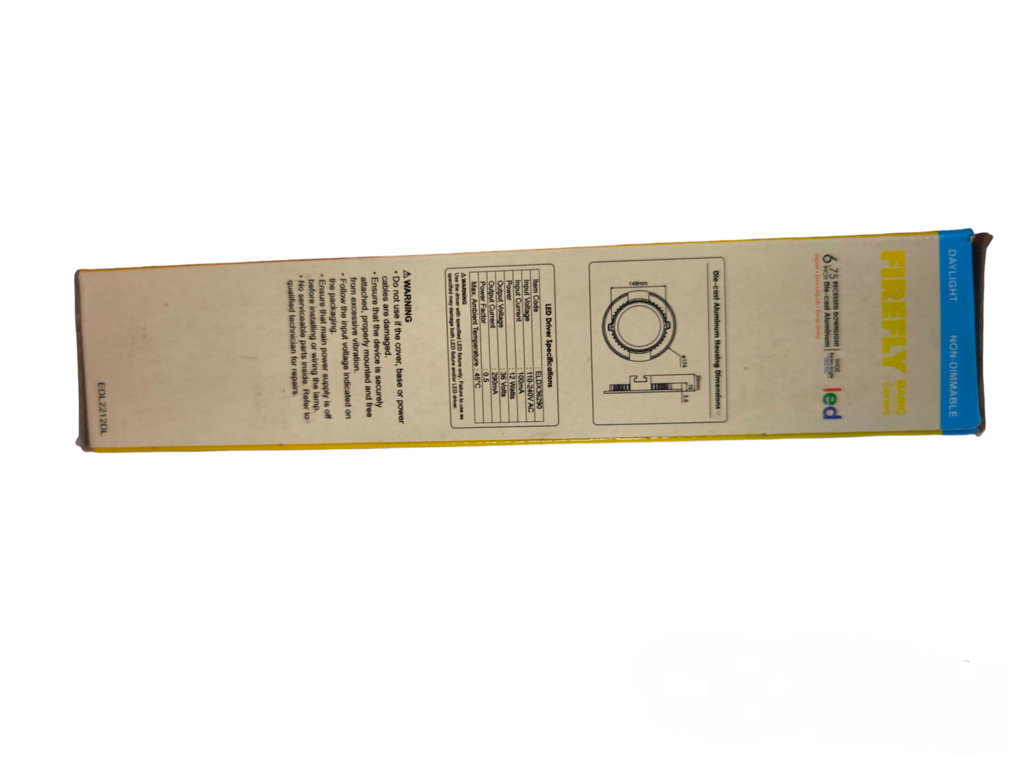 Firefly 12W LED Downlight 220V Daylight packaging box with product specifications and installation diagram