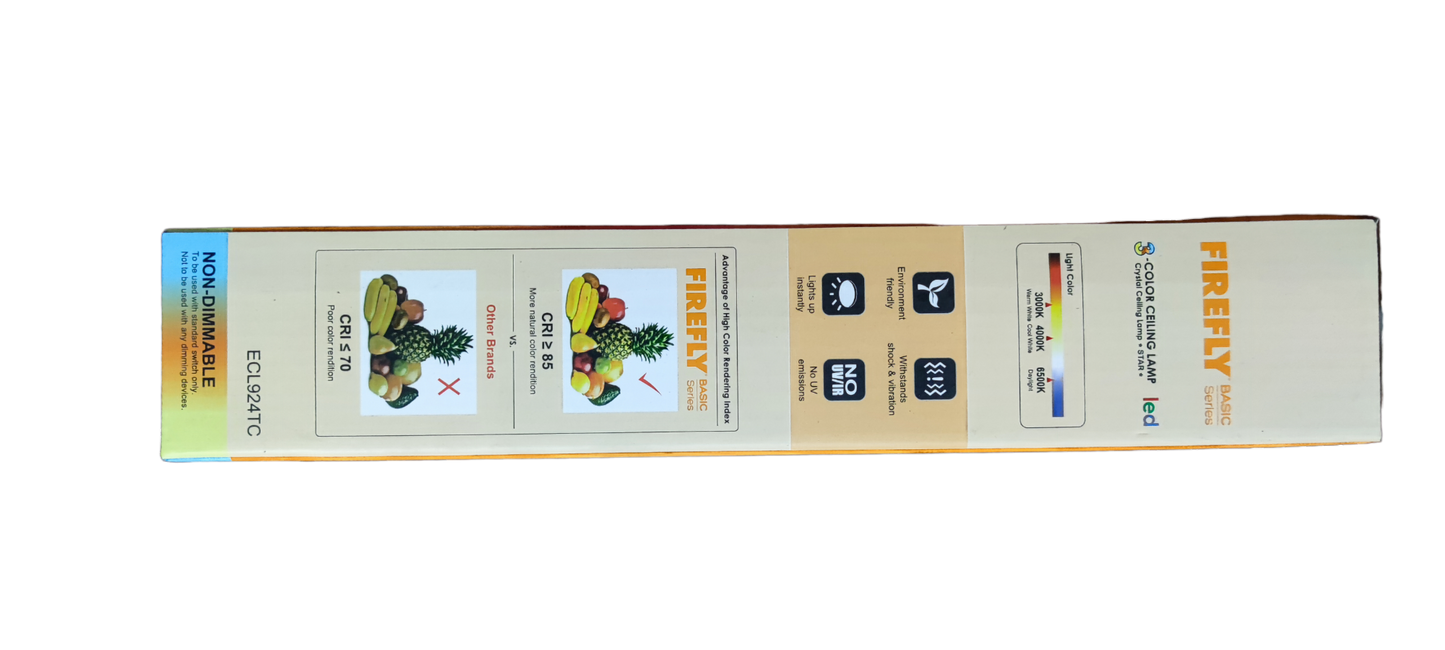 Firefly 24W LED ceiling light 220V packaging box showing product features and usage instructions