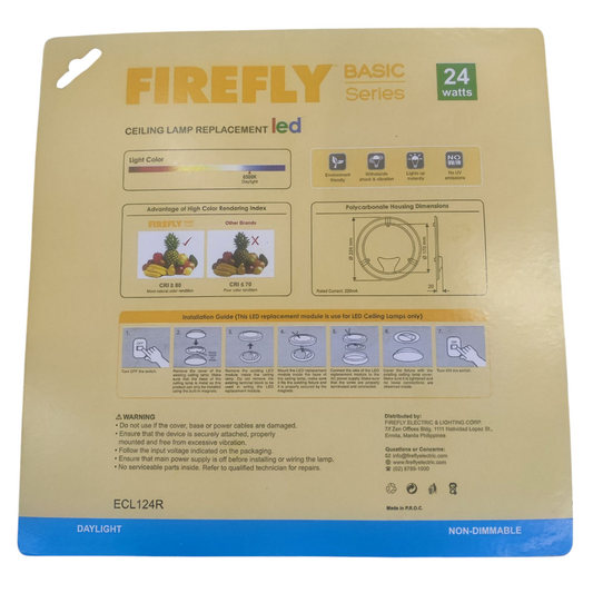 Firefly 24W LED ceiling light bulb packaging with installation instructions and product details