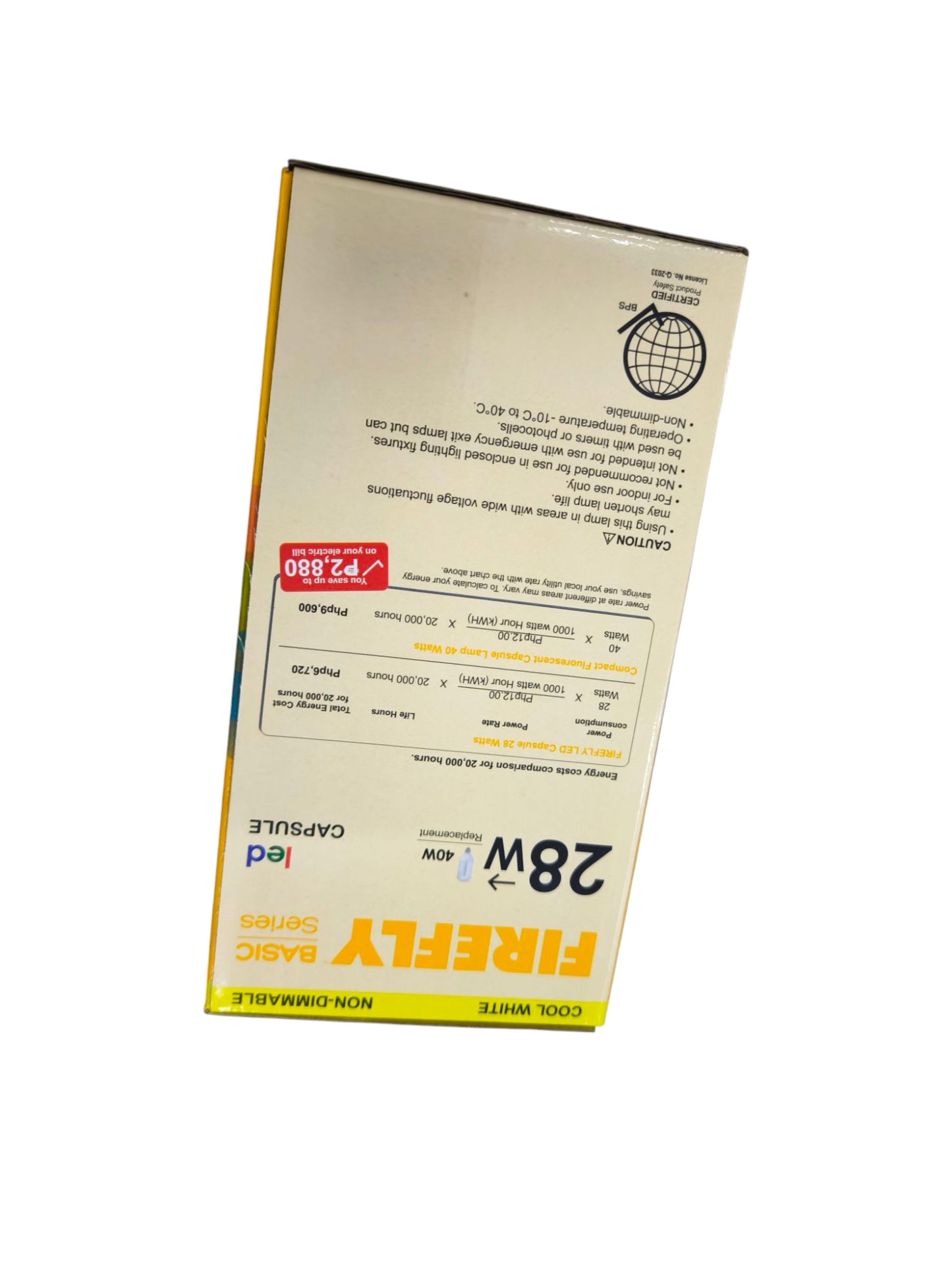 Firefly 28W LED capsule bulb E27 packaging box with product details and cooling white label