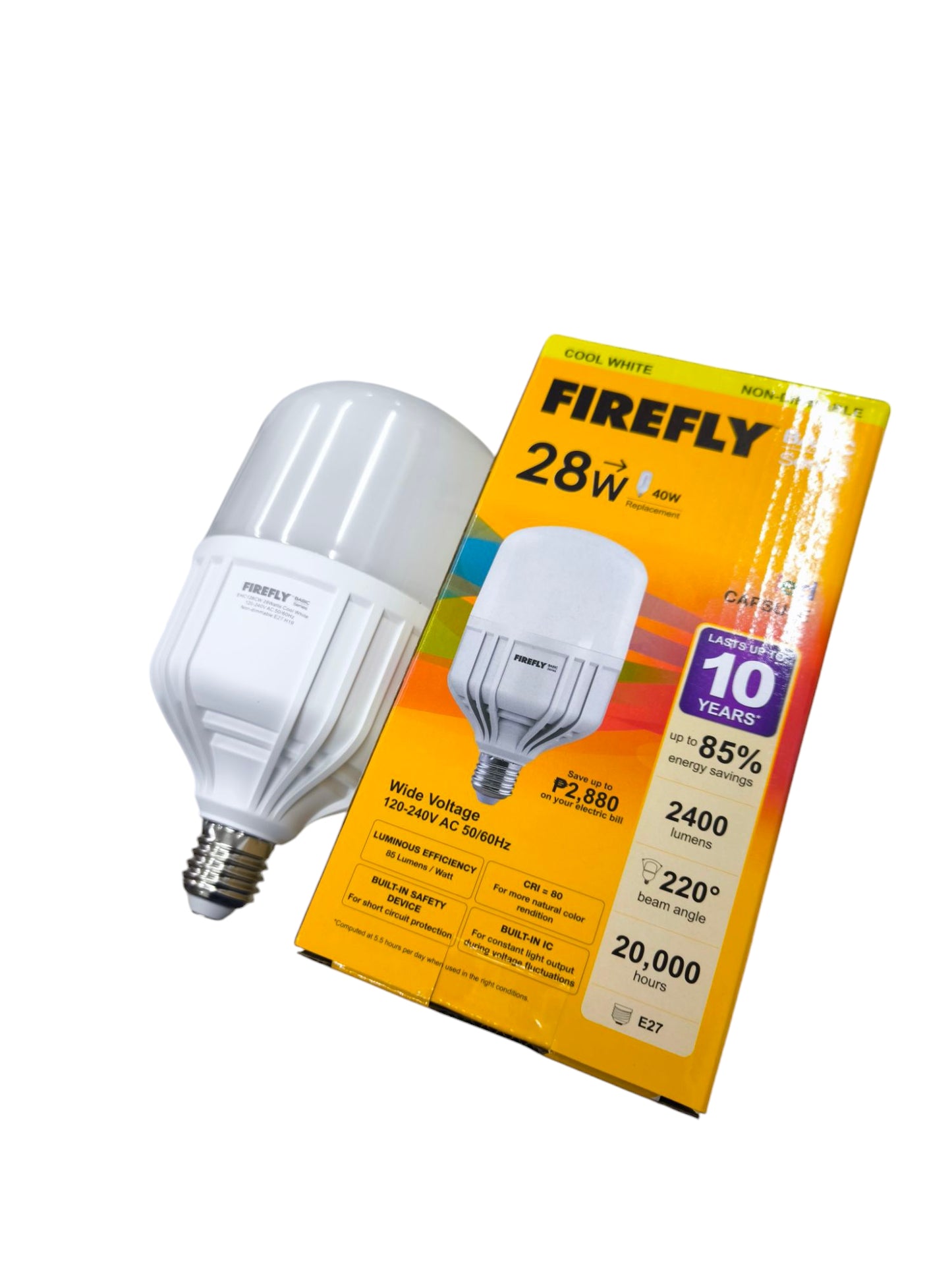 Firefly 28W LED capsule bulb E27 with white light and energy-saving features next to its bright yellow packaging