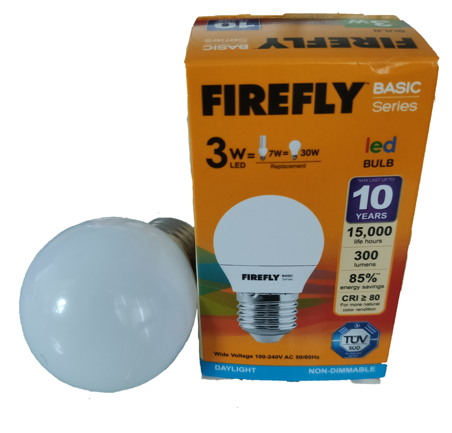 Firefly 3W LED bulb E27 with basic series packaging showing energy savings and 10 years lifespan